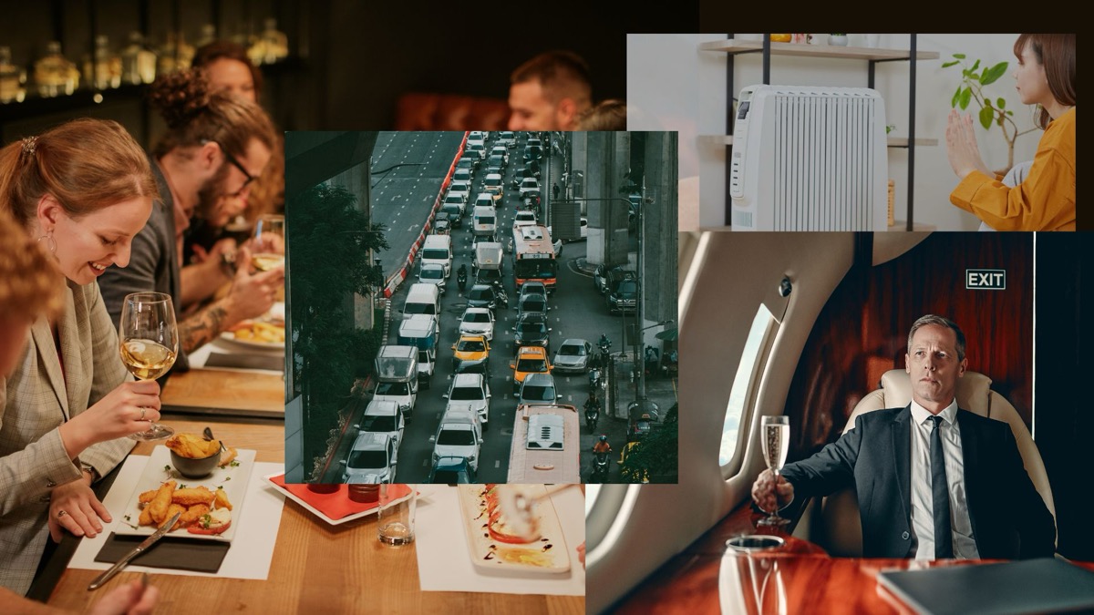 Three scenes of everyday consumption — dining out, travelling by car, flying — representing the food, mobility, and goods domains of a personal carbon footprint
