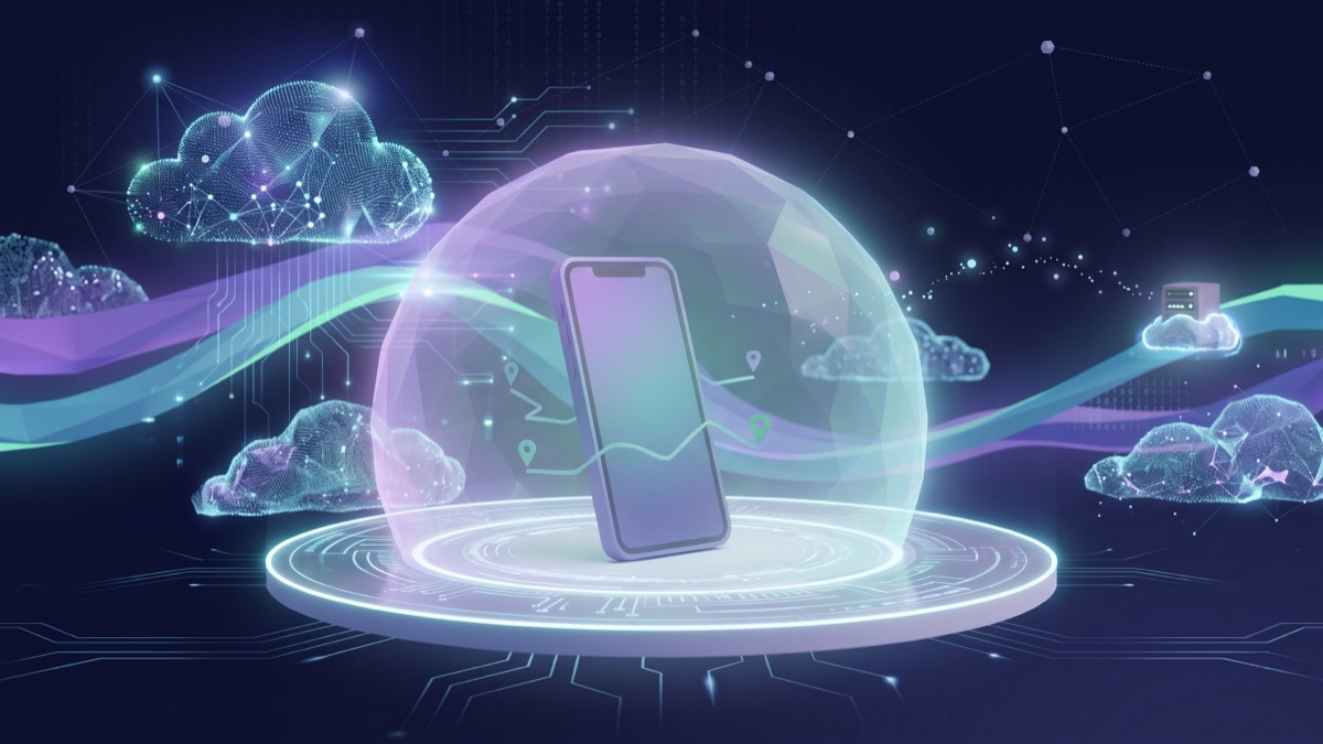 A smartphone with journey routes inside a glowing low-poly dome on a platform, surrounded by digital clouds and purple and teal aurora light