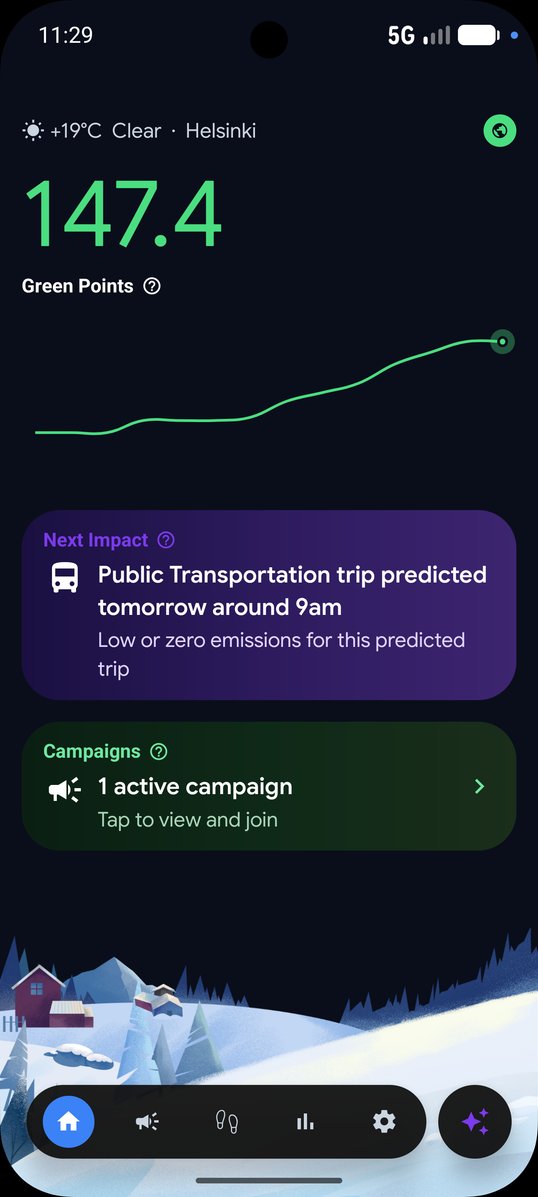 SAVE app home screen with Green Points and a predicted public transport trip