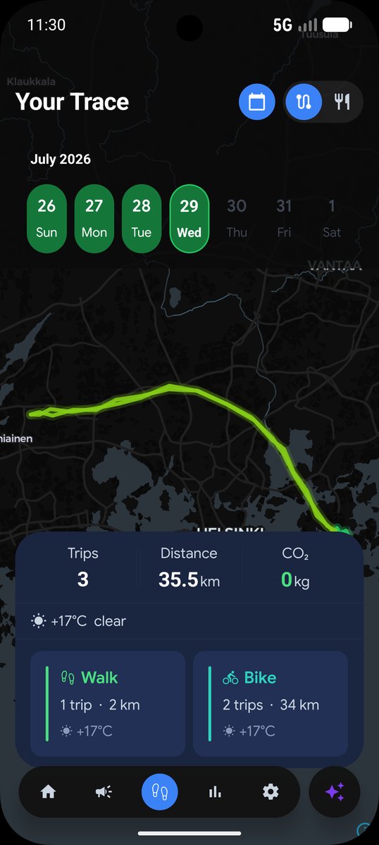 SAVE app trace view with a mapped journey