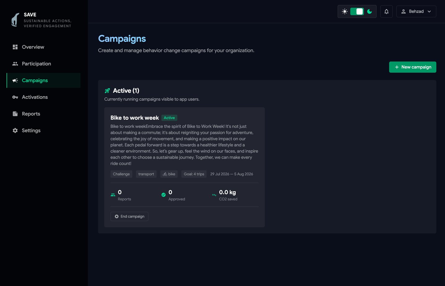 SAVE organization dashboard campaigns page with the Bike to work week campaign